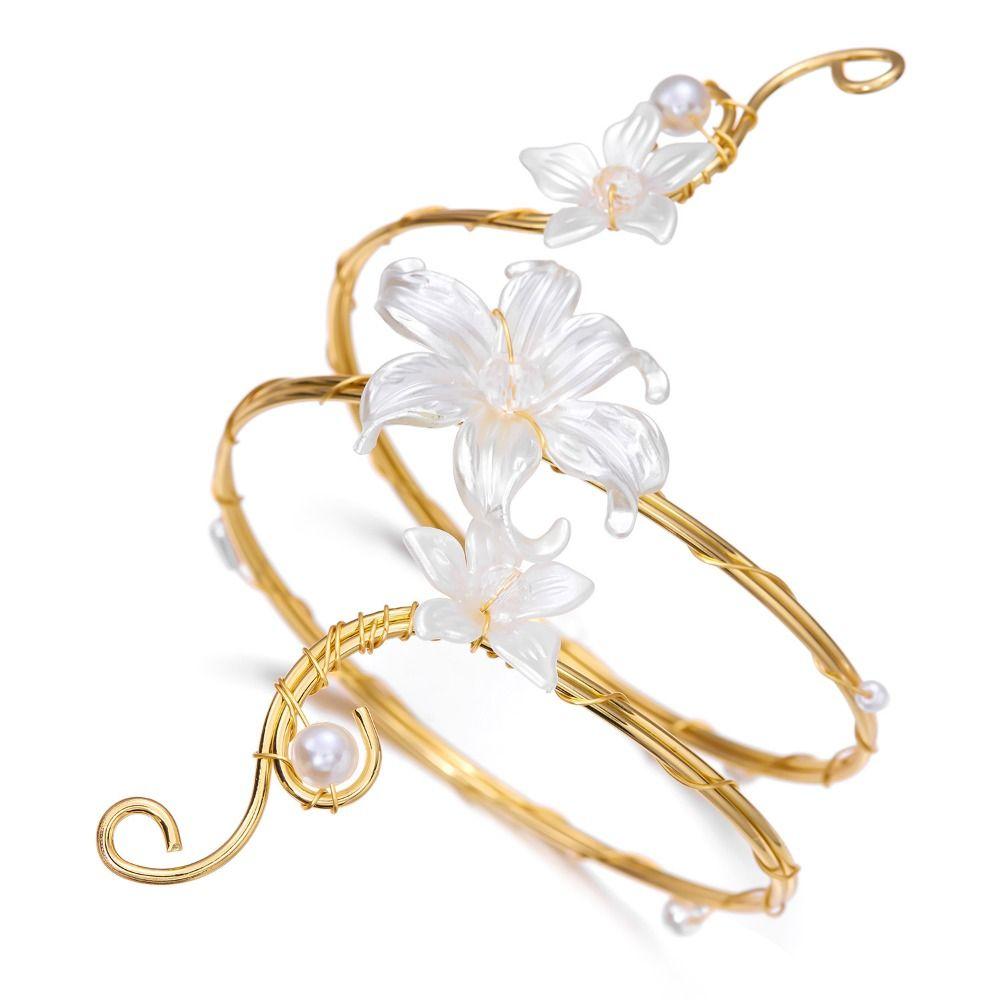 Gold Color Metal Floral Open Cuff Armlet Enamel Glaze Craft Spiral Arm Bracelet  Vacation Style
