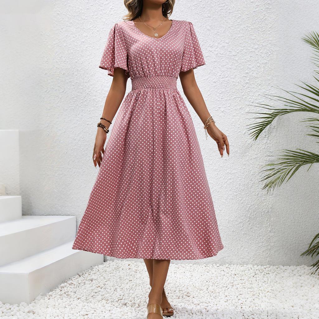 Damen-Freizeitkleid mit V-Ausschnitt, taillierter Silhouette und Polka-Dots, kurzen Ärmeln