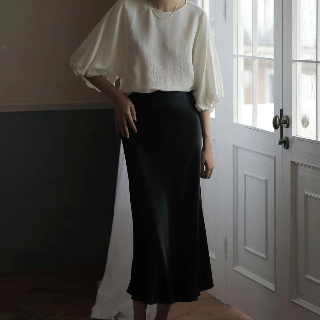 Elegant Women's Skirts Korean Satin Silk A-line Skirt Office Black Champagne Long Summer Skirts