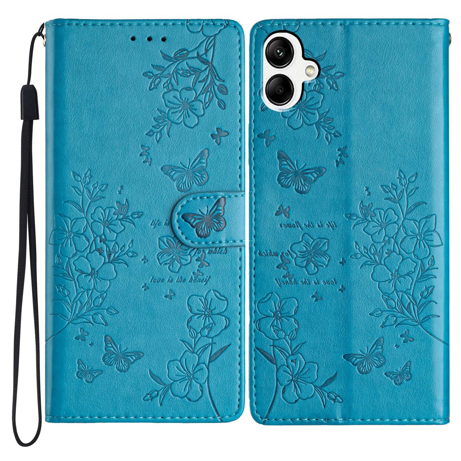 

For Samsung Galaxy A06 4G Wallet Phone Case Butterfly Floral Imprint Leather Flip Cover Blue