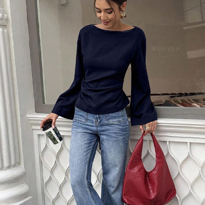 Ladies Spring Autumn Flare Sleeves Round Collar Solid Color Slim Fit Pullover Casual Shirt Top