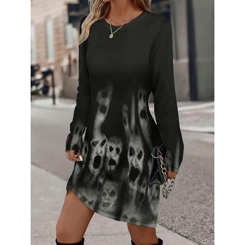 Womens Heart Print Round Neck Long Sleeve Plaid Patchwork Midi Dress Elegant Casual Office Wear