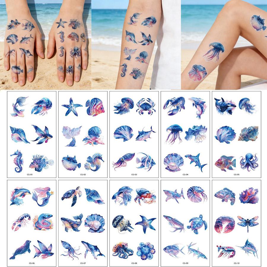 Tattoo Fake Tatoo 10Pcs Ocean Custom Body Art Arm Sea Turtle Whale Jellyfish Temporary Tattoos Sticker Blue Shark Jewelry