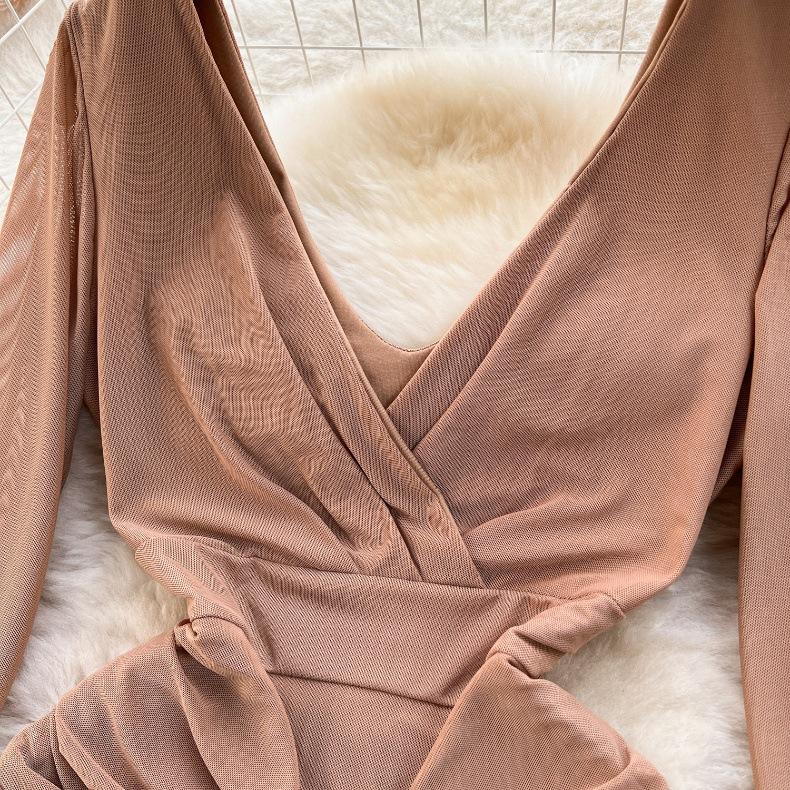 Women Summer Spring Elasticity Long Sleeve Color Soild V-Neck Casual Sheath A-Line Mini-Length High Waist Dress