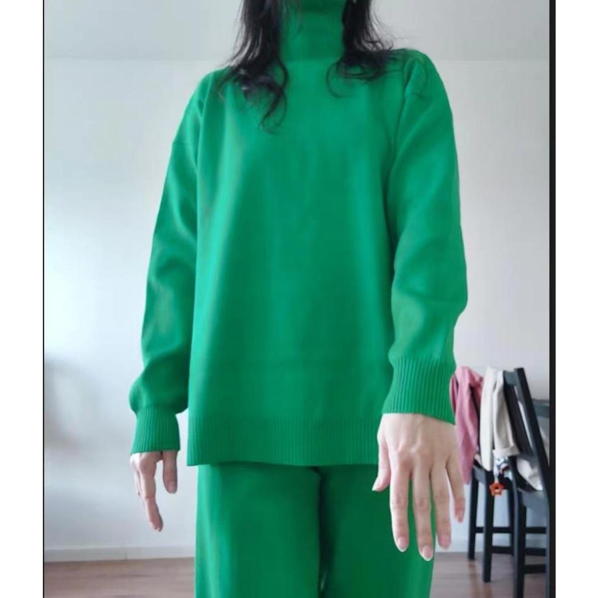 

Жіночий осінньо-зимовий повсякденний пуловер-кардиган з високою горловиною, набір з 2 предметів L зелений