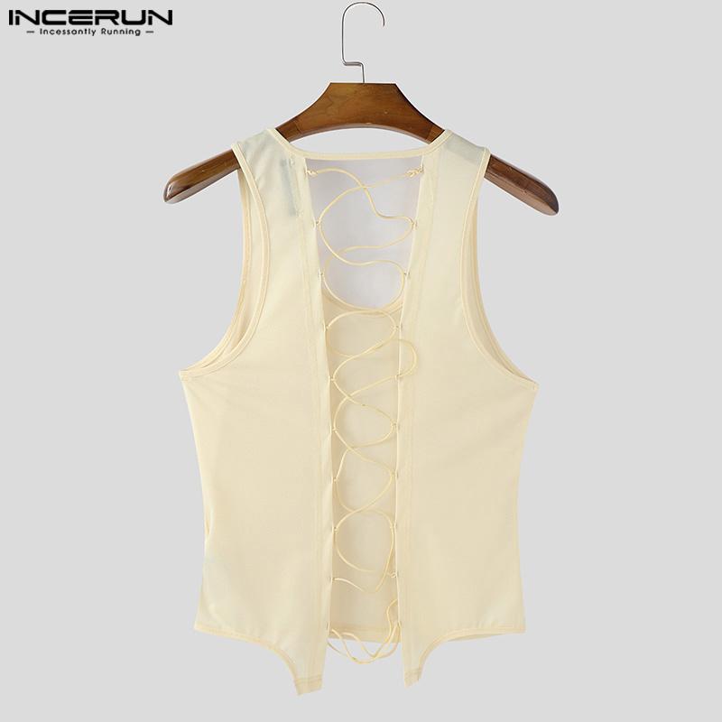 INCERUN Men U Neck Sleeveless Back Bandage Fitted Tank Tops