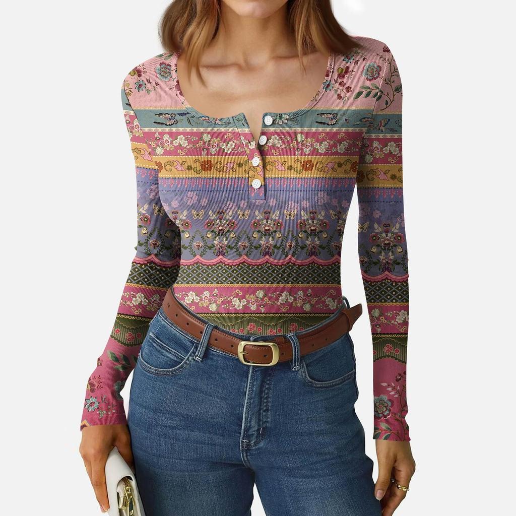 Women's Slim Bottom T-shirt Fashion Casual Gradient Printing Round Neck Pullover Long Sleeve Top