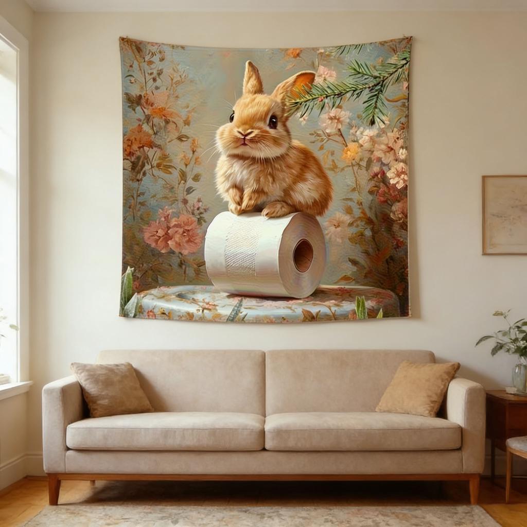 1PC The Rabbit On the Toilet Paper Roll Tapestry Easter Printed Tapestry Suitable For Bedroom Party Aesthetic Wall Hanging Decor