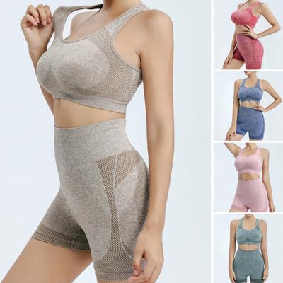 2 Pcs/Set Women Sports Suit Push-up Sleeveless Vest with Chest Pads Seamless Quick-drying High Waist Shorts Sportwear Yoga Fitness Daily Wear