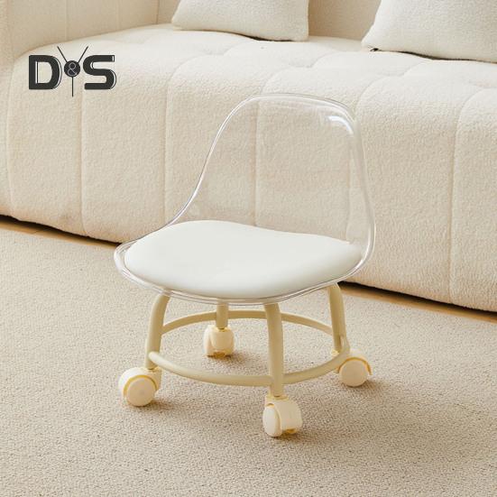 Acrylic Low Stool with 360 Degrees Swivel Wheels Faux Leather Cushion Roller Seat with Backrest Heavy Duty Rotating Mini Chair Seating Stool