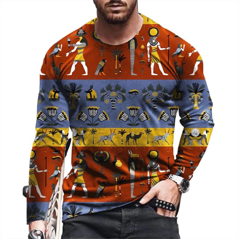 Ancient Egyptian Pattern Print T-shirt Autumn Men's O-Neck T-shirt Casual Long Sleeve Oversized Tops Fashion Streetwear Tees