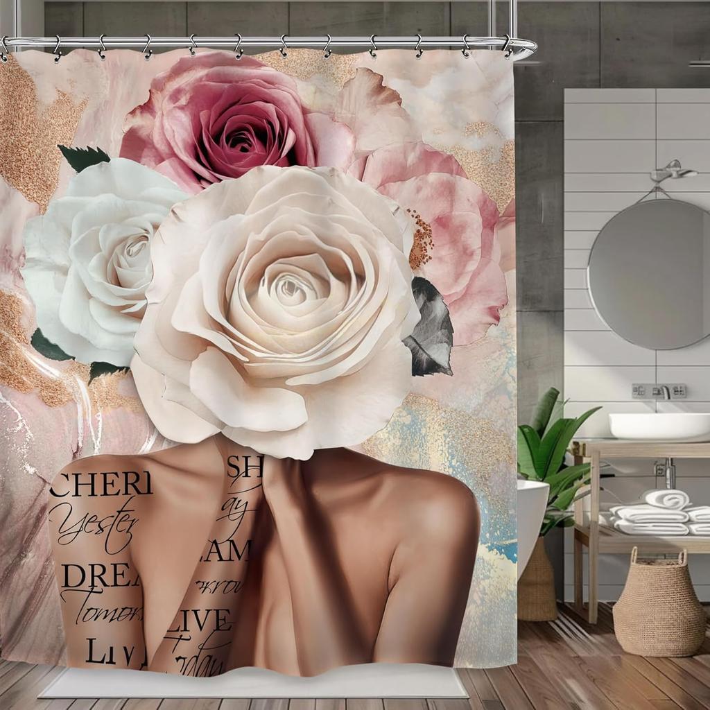 African American Olive Green Shower Curtain Black Girl Flower Oil Painting Art Bathroom Accessories Decoration with 12 Hooks