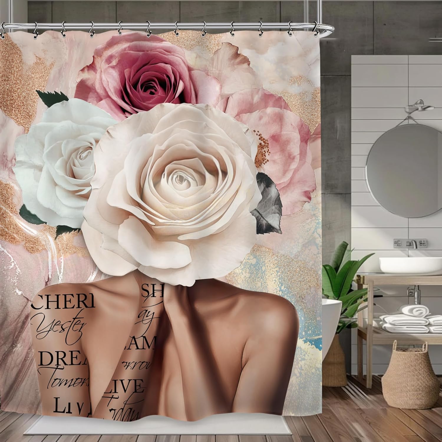 

Афроамериканская оливково-зеленая шторка для душа, черная девочка, цветы, масляная живопись, искусство, аксессуары для ванной комнаты, украшение с 12 крючками W90xH180cm