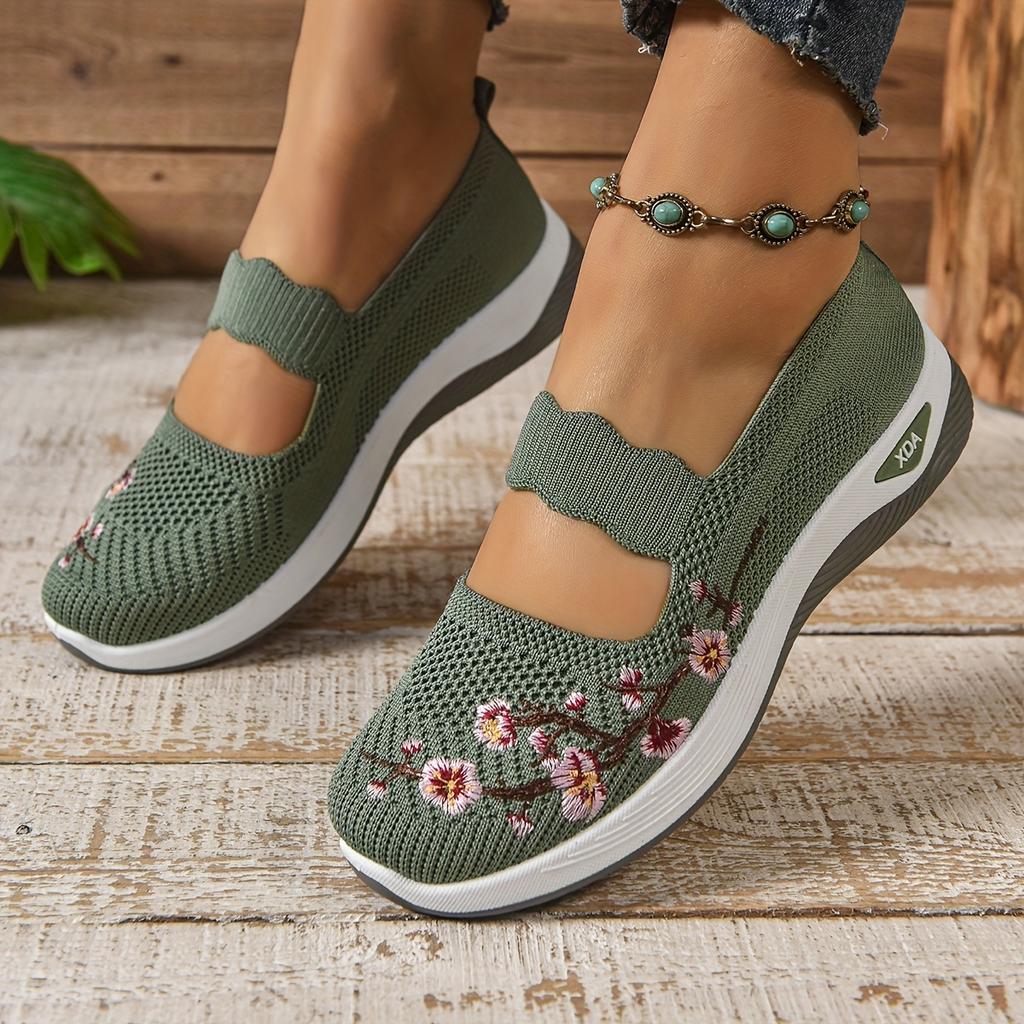 Women's Casual Slip-On Sneakers, Black, Green,   Grey and Maroon; Lightweight Low Top Sneakers with Cute Round Toe & Floral Design for All Seasons