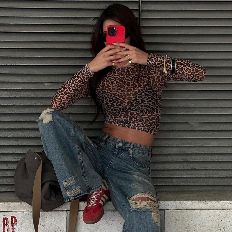 Sexy European Style Women Leopard Print Mesh See Through Long Sleeve Crew Neck T Shirt Top