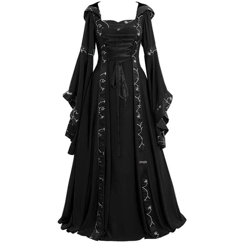 Medieval Retro Hooded Lace Bell Sleeve Swing Dress with Square Neck & Spaghetti Straps