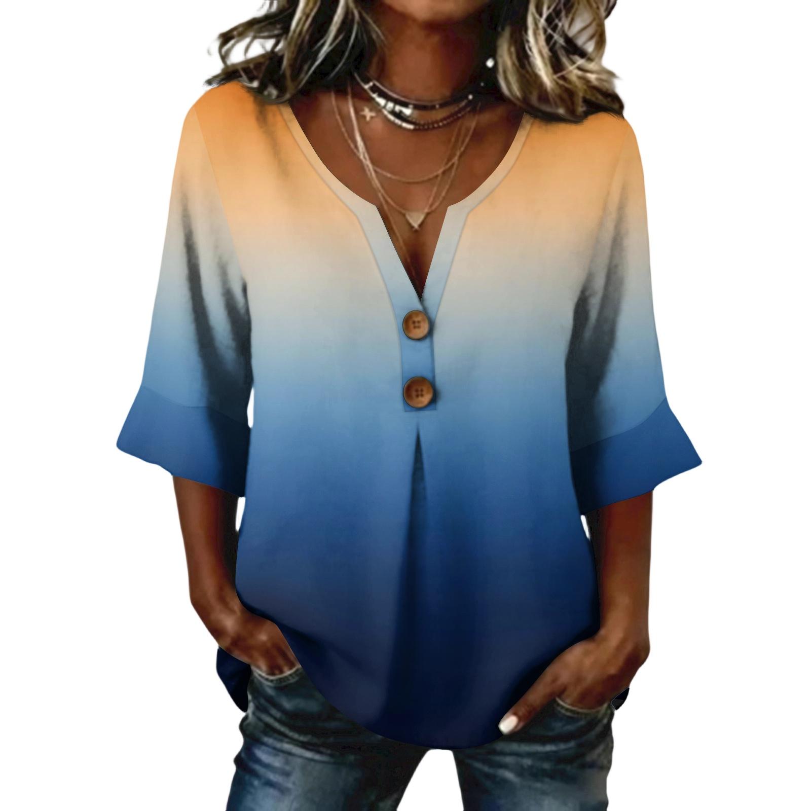 Ladies  gradient printed button casual V-neck fashionable seven quarter sleeve top L синий