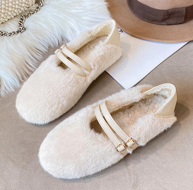 Fashion Elegant Belt Buckle Fur Mocasines Women Rabbit Hair Flats Winter Warm Plush Wool Shoes Ladies Slip On Loafers Furry Ballerinas