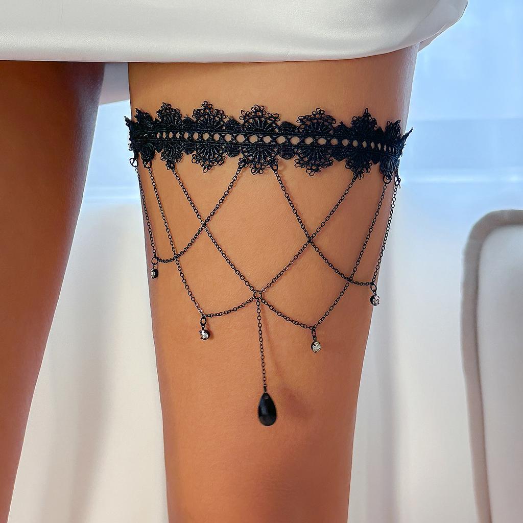 Sexy Multi-Layer Tassel Metal Tag Leg Ring Leg Chain Sweet Cool Black Lace Thigh Chain