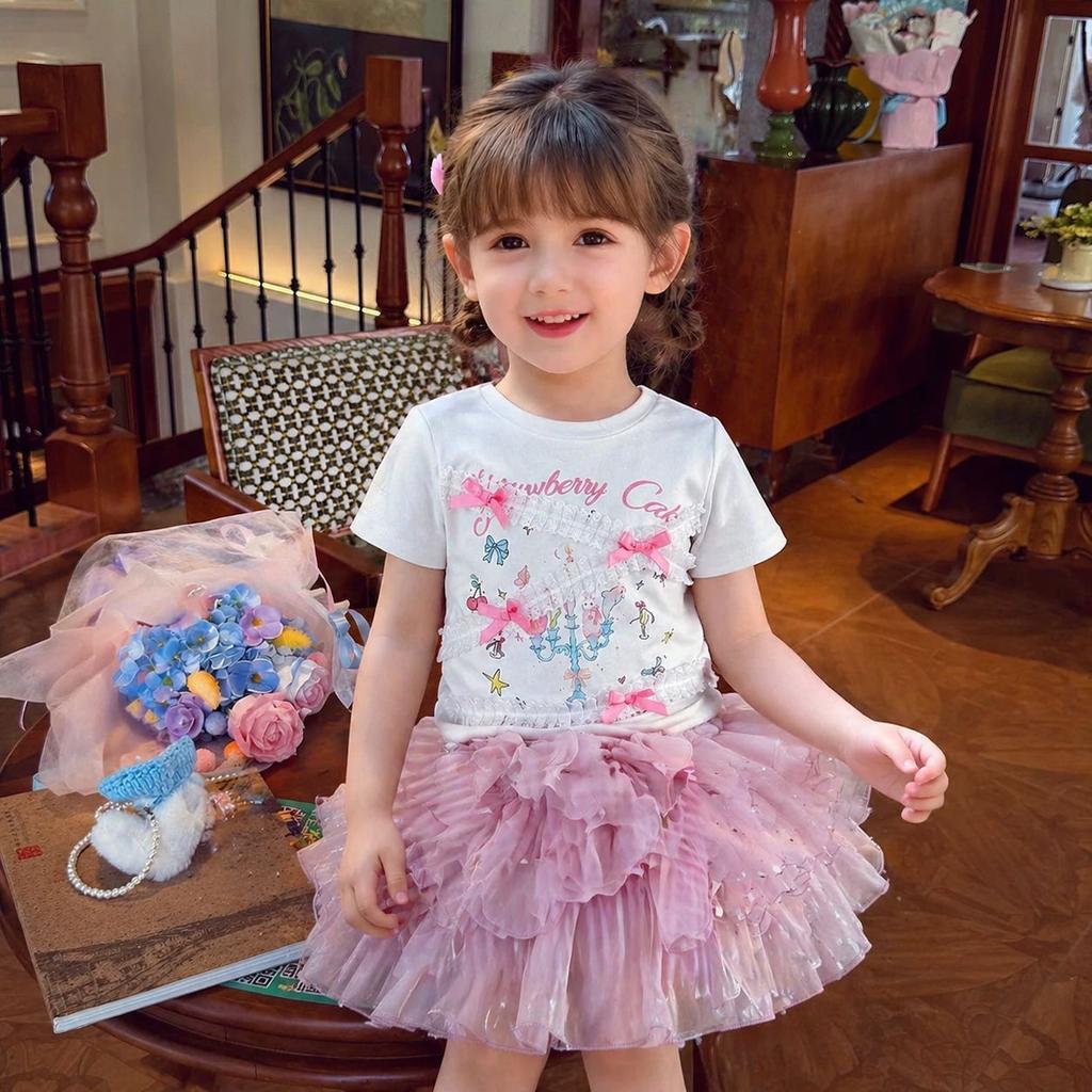 Girls Summer Cotton Cartoon T Shirt Sweet Lace Short Sleeve Top Baby Cute Thin Blouse