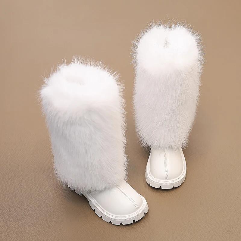 Girls High Boots Children Warm Princess Leather Boots Soft Soled Kids Fashion Long Boots Anti-Slippery All Match 2024 Winter New