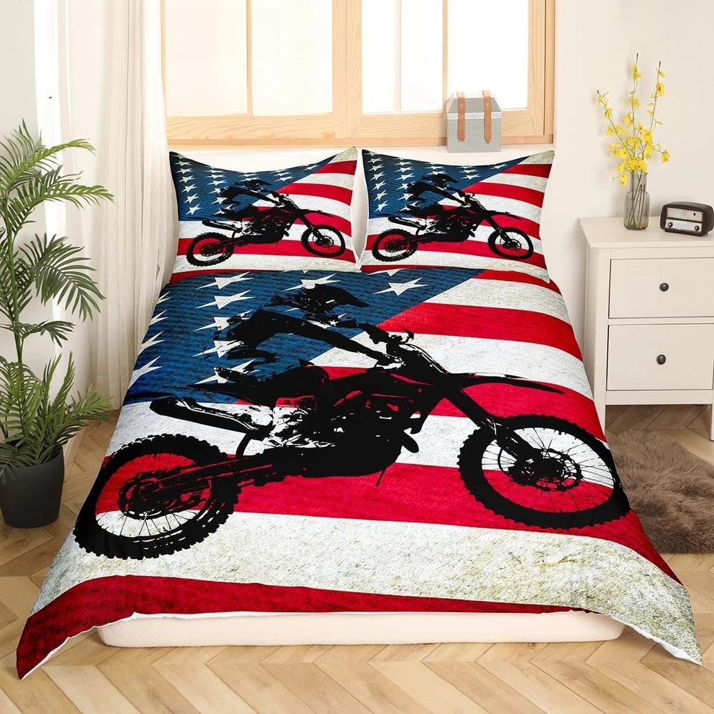 Dirt Bike King Queen Duvet Cover Motocross Sports Bedding Set Motorcycle Quilt Cover Youth Cool Black White Soft Comforter Cover