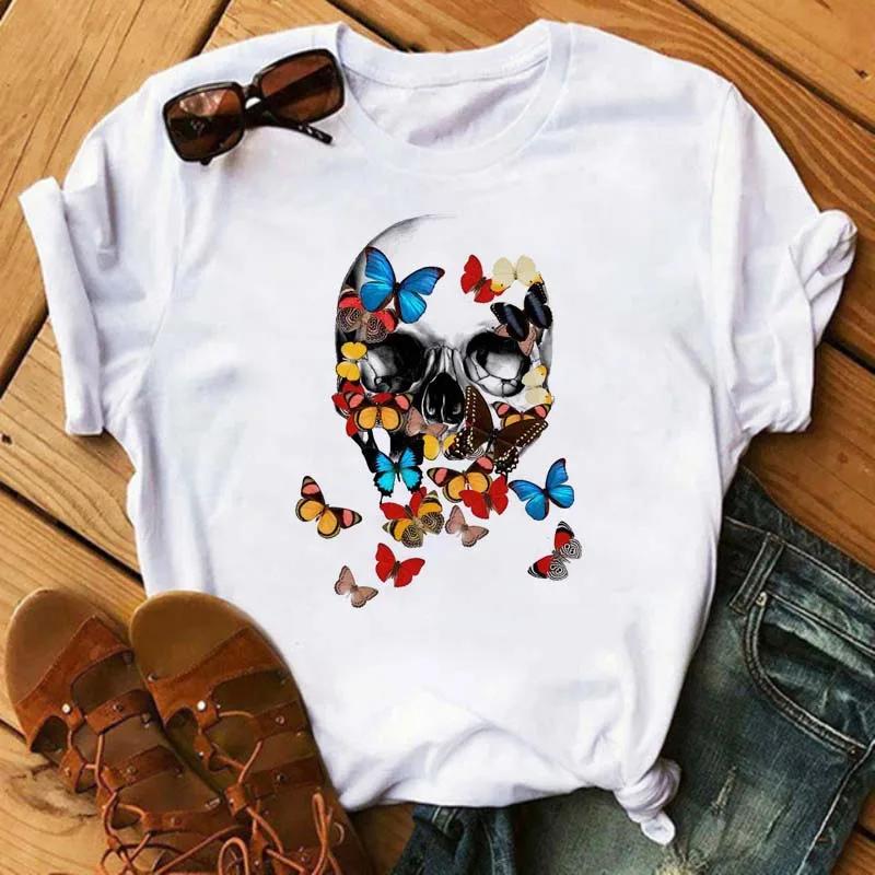 Fashion Leopard Skull Printed Women T-shirt Summer Loose Black Female T-shirt Casual Round Neck Harajuku Tops Woman Clothes