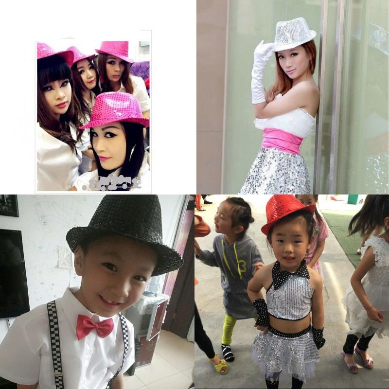 Adult  and Child Unisex Brilliant Glitter Sequins Hat Dance Fedora Hat Kid Dance Cap Solid Jazz Hat Party Glitter Costum 2size