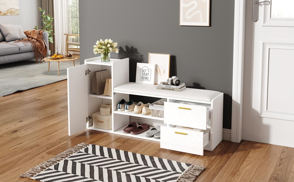 Scarpiera 128*30*68cm con 2 Cassetti 1 Armadietto, Panca Scarpiera Laccata Lucida con Imbottitura e Contenitore, Adatta per Soggiorno, Ingresso, Ufficio, Bianca