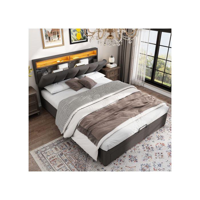 Lit double - MUVOE - 140x200 cm - Rembourré en lin - Éclairage LED réglable - Sommier à lattes