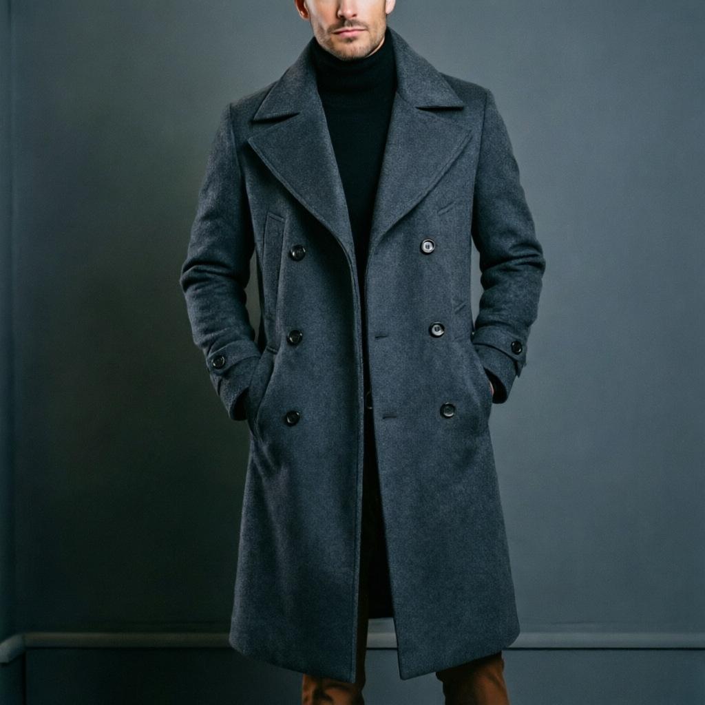 Men's Double-Breasted Trench Coat Notched Lapel Button Down Knee-Length Business Casual Long Jacket Overcoat for Men Fall Winter Coat With Pockets