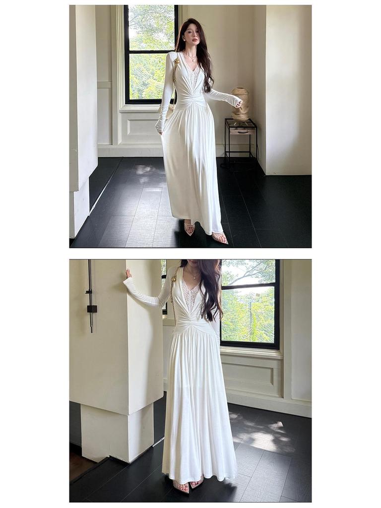 Women's Sexy White V-Neck Retro Lace Patchwork Long-Sleeve Dress - 2026 Early Spring Collection