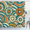 Hippie Shower Curtain, Daisy Look Flowers on Abstract Groovy Style Waves Retro 60s 70s Vibes, Cloth Fabric Bathroom Decor Set