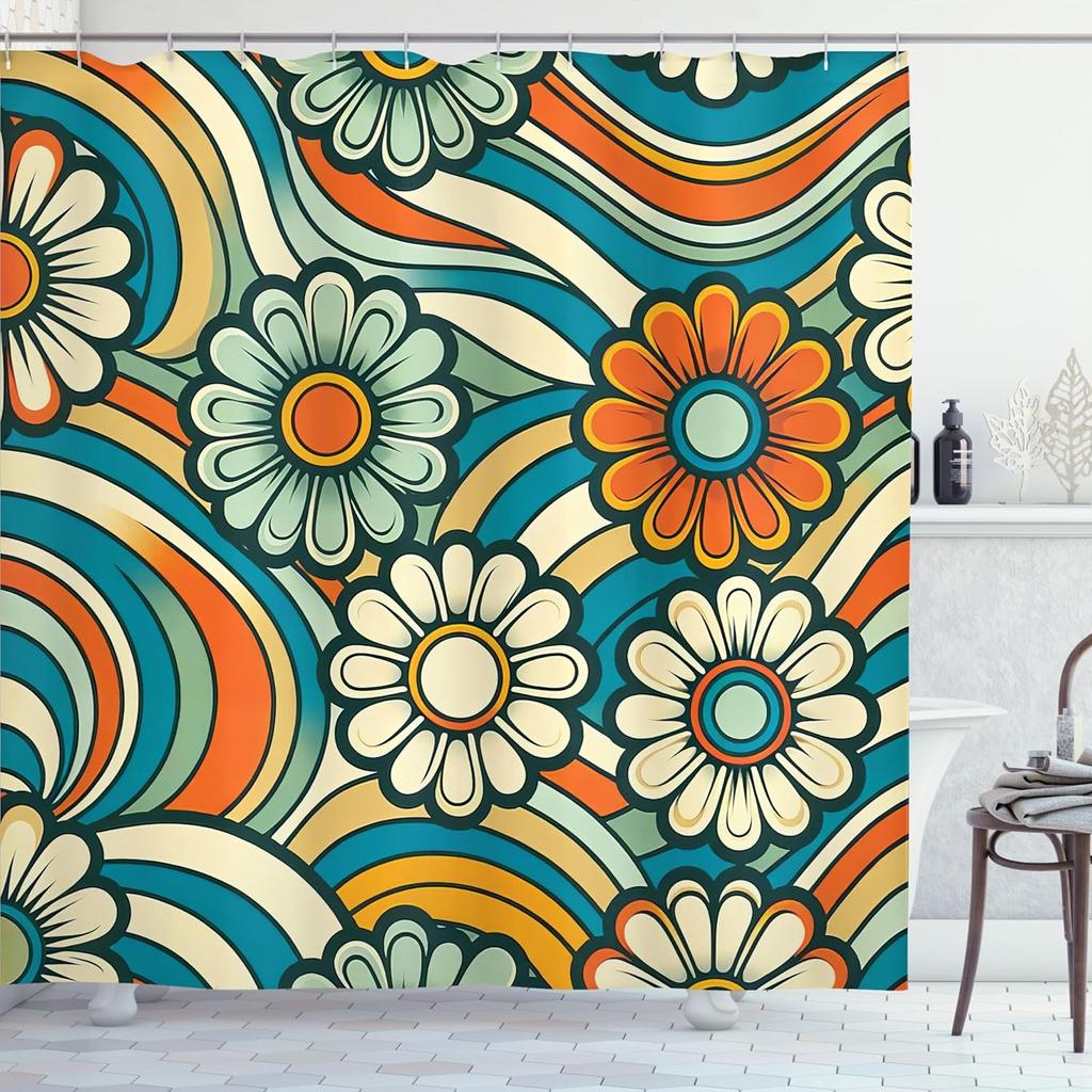 Hippie Shower Curtain, Daisy Look Flowers on Abstract Groovy Style Waves Retro 60s 70s Vibes, Cloth Fabric Bathroom Decor Set