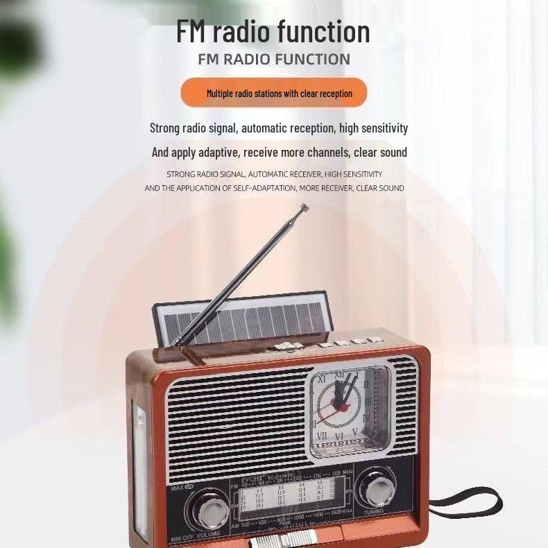 Retro Solar Multi-Band Shortwave Radio & Bluetooth Speaker with USB/SD Player, Clock, and Emergency Light