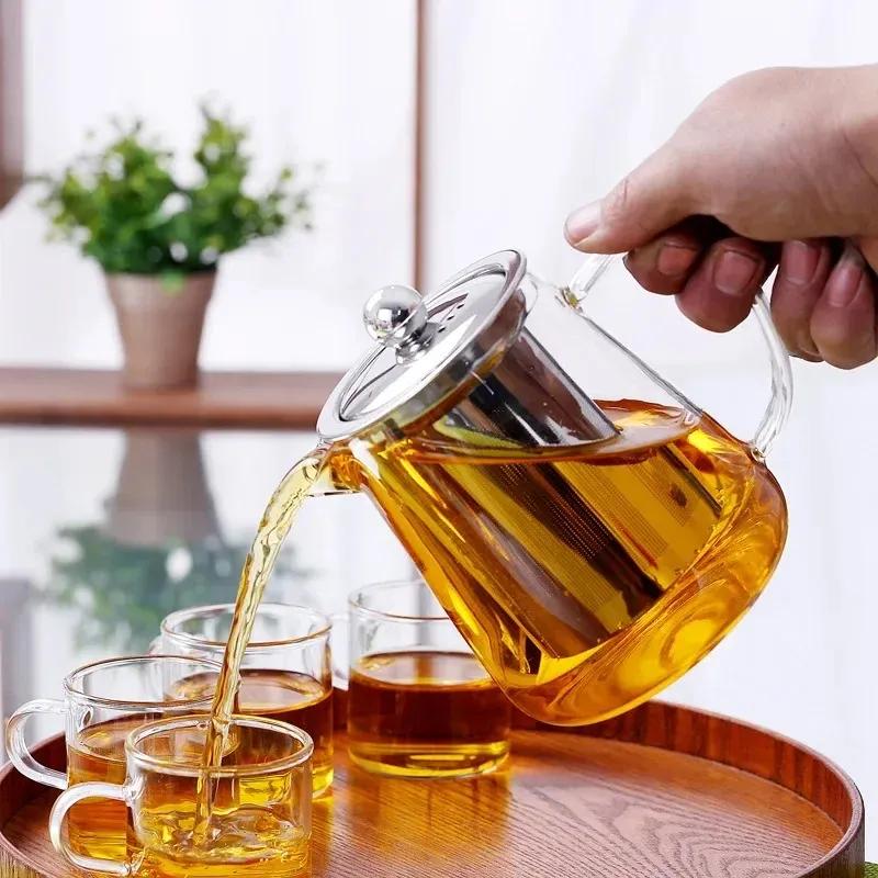 NEW Heat Resistant Glass Teapot With Stainless Steel Infuser Heated Container Tea Pot Good Clear Kettle Square Filter Baskets