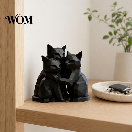 Matte Black Cat Figure 3D Printed Figurine, Three Hugging Geometric Statue, Statue Modern Animal Shape Sculpture for Home Office Bookshelf