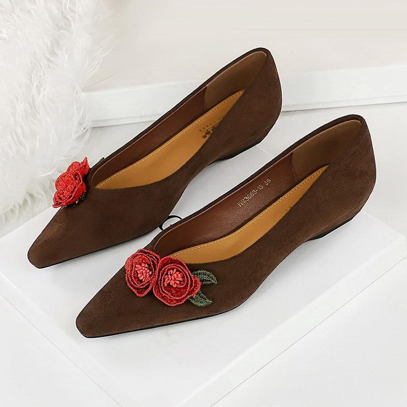 Women Flower Flocks Casual Shoes Pointed Toe Shallow Mouth Single Shoes Outdoor Office Flats Driving Walking Shoes Size 35-43