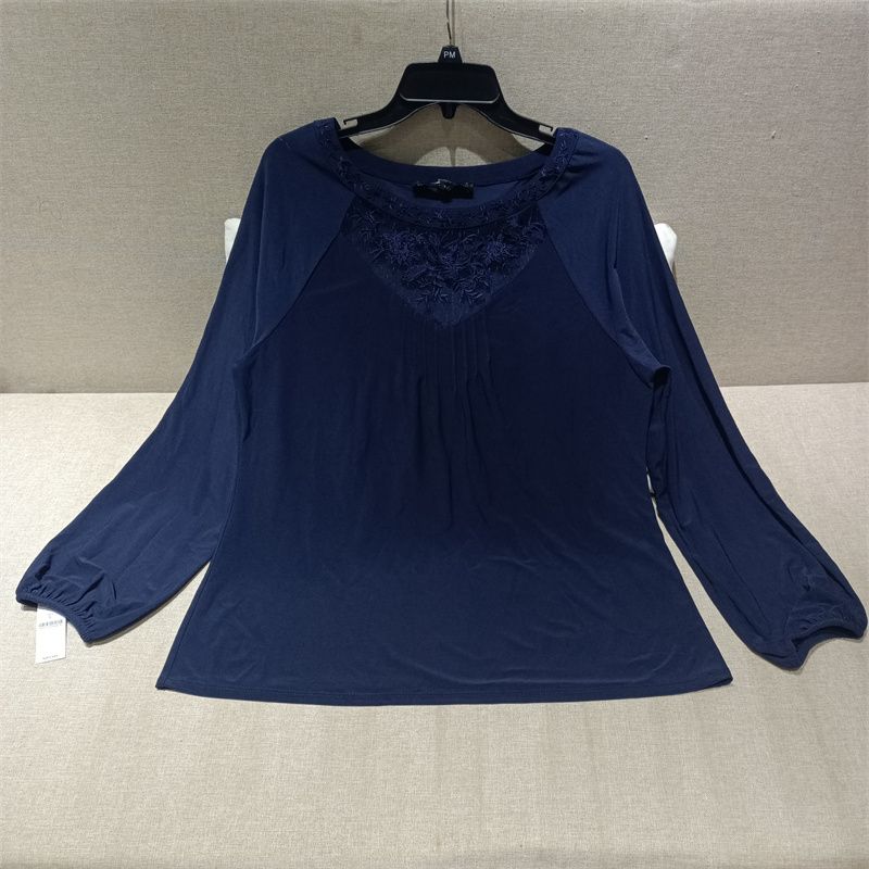 

American Single Spring and Summer Thin round Neck Women s Lace Shirt Embroidery Slimming Plus Size Bottoming Shirt Chubby Girl Long Sleeves T-shirt Blue XL