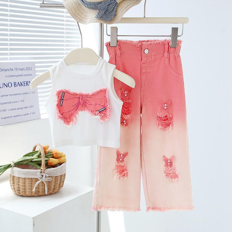 Sommer Set für Mädchen: Rundhals-Ärmelloses Kurzarm-T-Shirt + Ausgefranste Jeans Zweiteiliges Set Outfit für ältere Mädchen