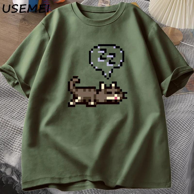 Stardew Valley Sleeping Cat Sploot Graphic T Shirts Men Casual Funny Short Sleeve T-shirt Unisex Cotton Tees Men's Clothing