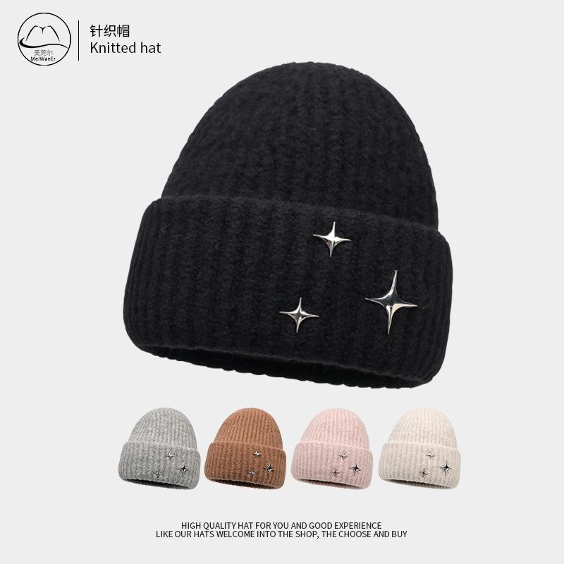 Star Wool Hat Women'S Season Versatile Knitted Hat Thickened Warm Ear Protection Simple Cold Hat