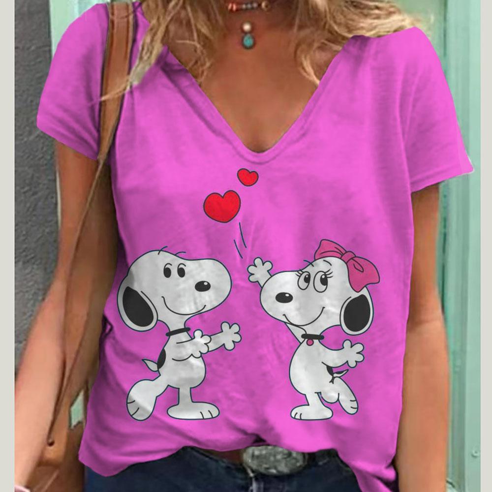 V-Neck Women's Sexy T-shirts Short Sleeve Breathable Simple Snoopy Cartoon Print Tops T-shirt Fun Patterns 15 Color Pullover Top