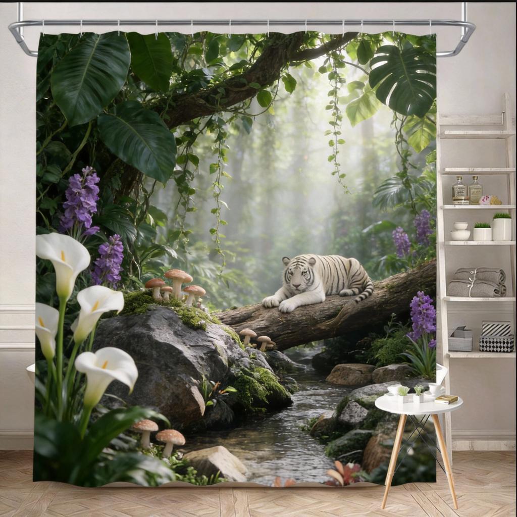Jungle Shower Curtain 180x180cm – Majestic Tiger & Orchids, Tropical Rainforest Scene, 12 Hooks Bath Decorative Shower Curtain