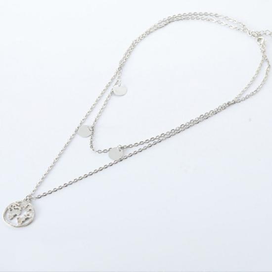 C172 Personality Street Style Round Disc Map Trendy Fashion Double Layer Necklace Jewelry серебряный