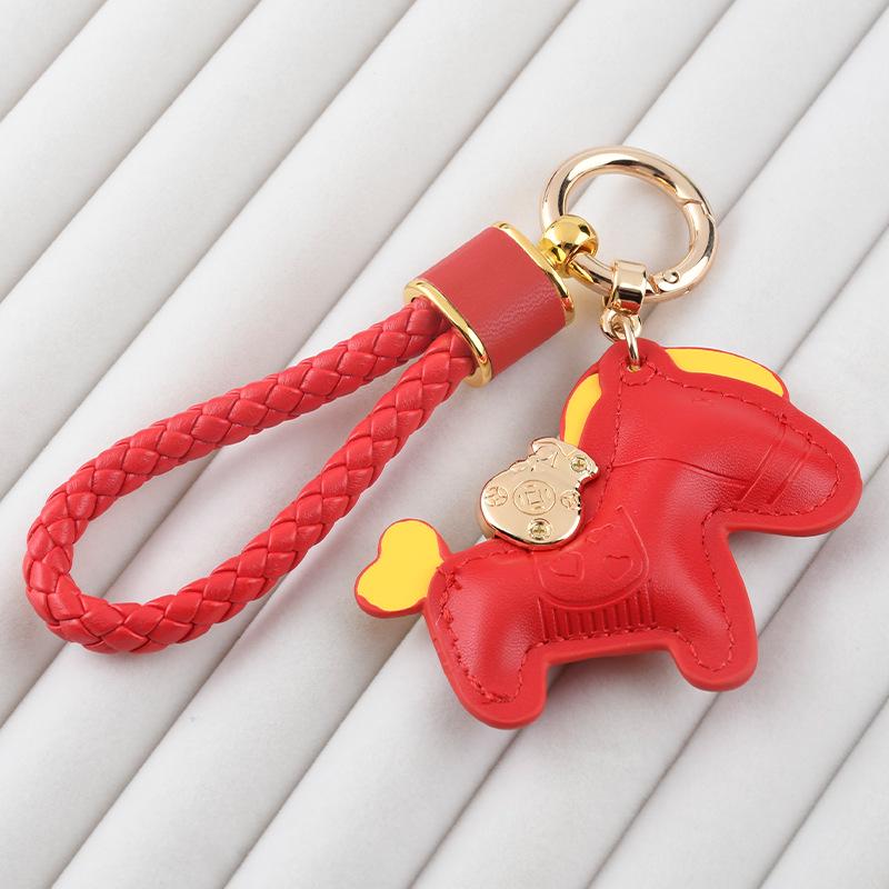 Trendy Leather Woven Rope 'Instant Wealth' Cartoon Keychain – Cute Car Key Accessory & Bag Pendant
