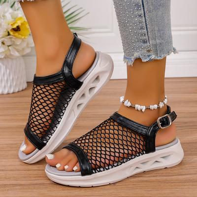 Summer New Round Head Fashion Hollow Soft Sole Mesh Sandals Women's Casual Flat Bottom Buckle Sandals