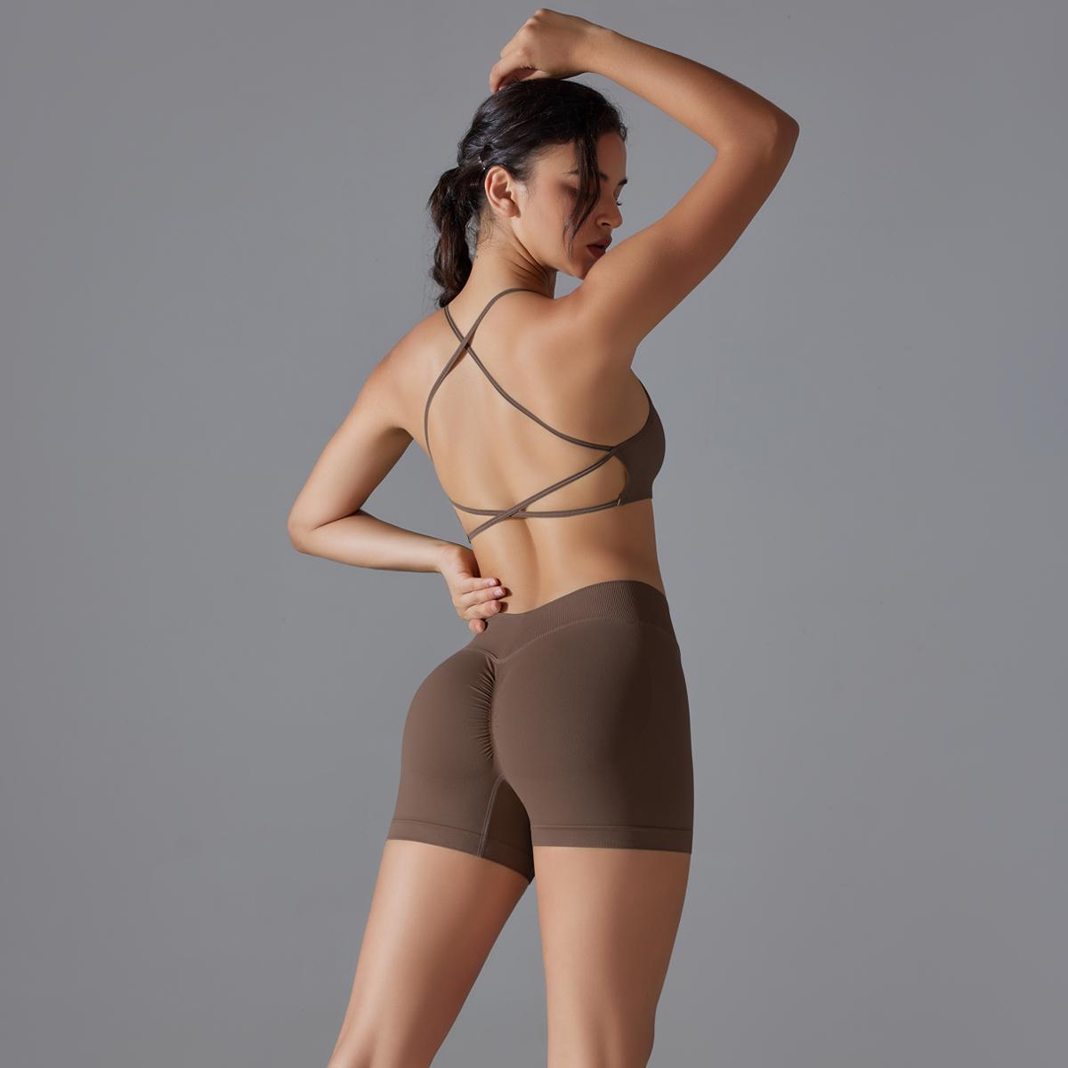 

Nessaj Летняя спортивная одежда для йоги, женские бесшовные фитнес-костюмы, бюстгальтер с высокой талией, шорты для тренировок L коричневый