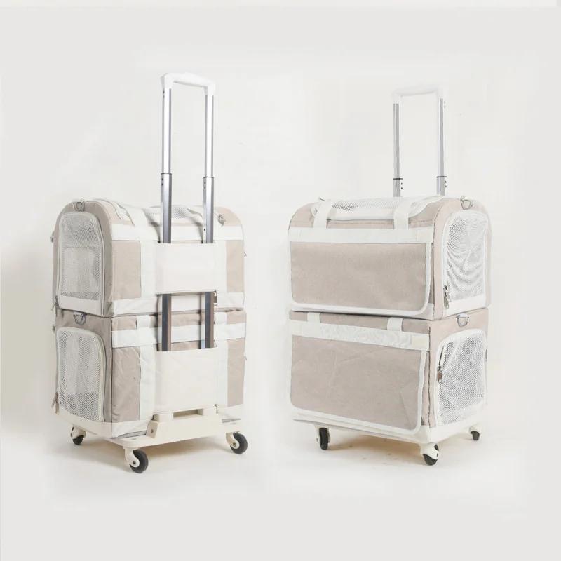 Portable Double-decker Pet Trolley Carrier for Cats & Dogs Ventilated Large Space Outdoor Foldable Breathable Pet Cart