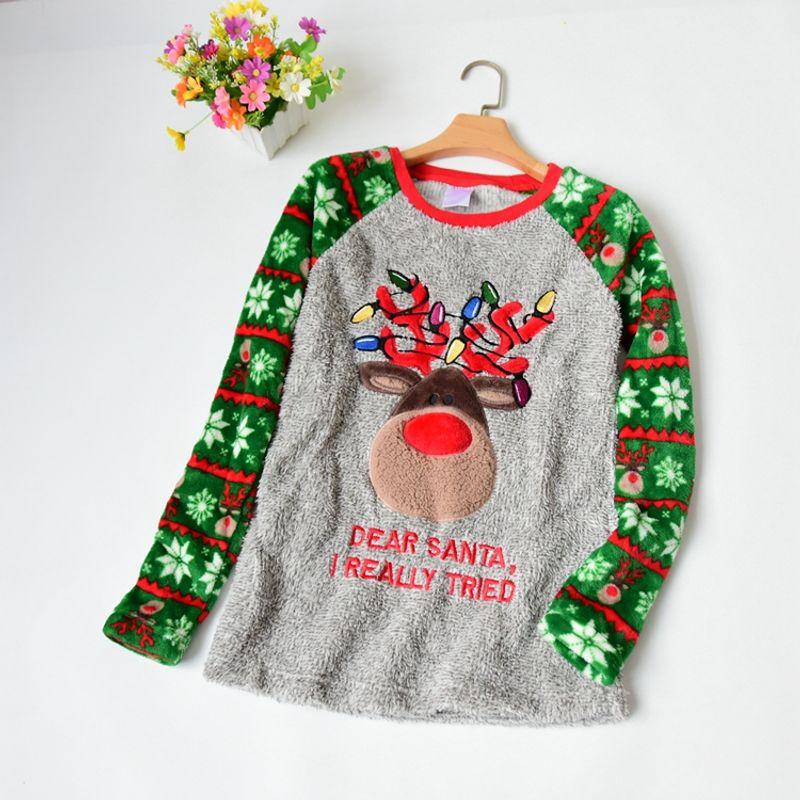 

Fall and Winter Women s Cartoon Pattern Comfortable Cotton Velvet Patchwork Long Sleeves Pajamas Pullover Flannel Homewear Tops Green(Elk) L